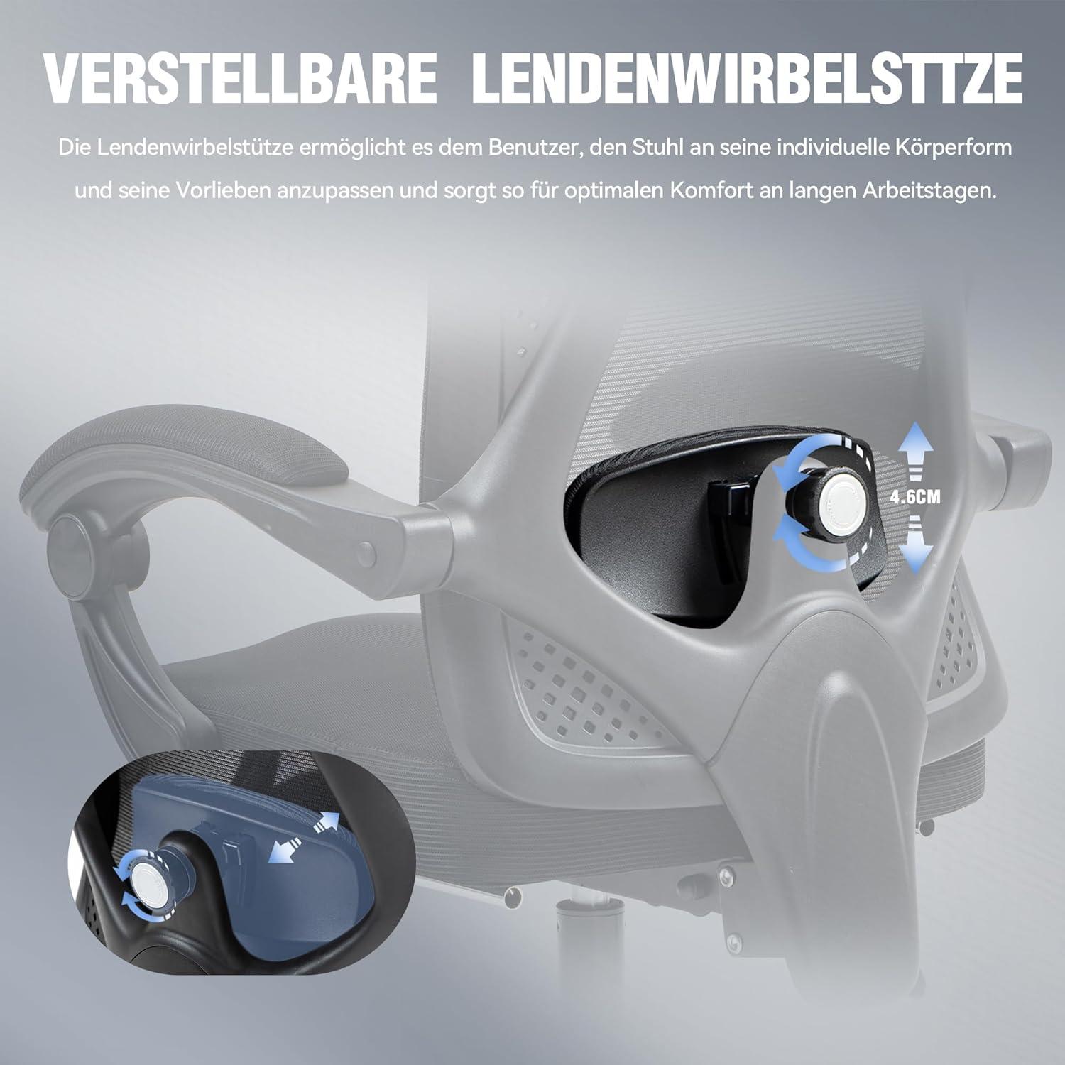 Ergonomischer Bürostuhl mit Kopfstütze, Lendenwirbelstütze, Fußstütze - Schwarz