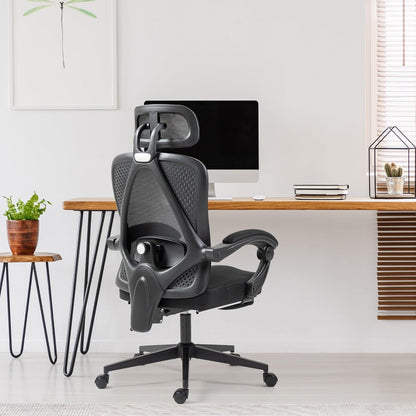 Ergonomischer Bürostuhl mit Kopfstütze, Lendenwirbelstütze, Fußstütze - Schwarz