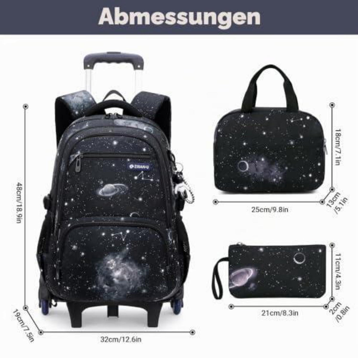 Schulrucksack Trolley 3-teilig für Jungen – Schwarz
