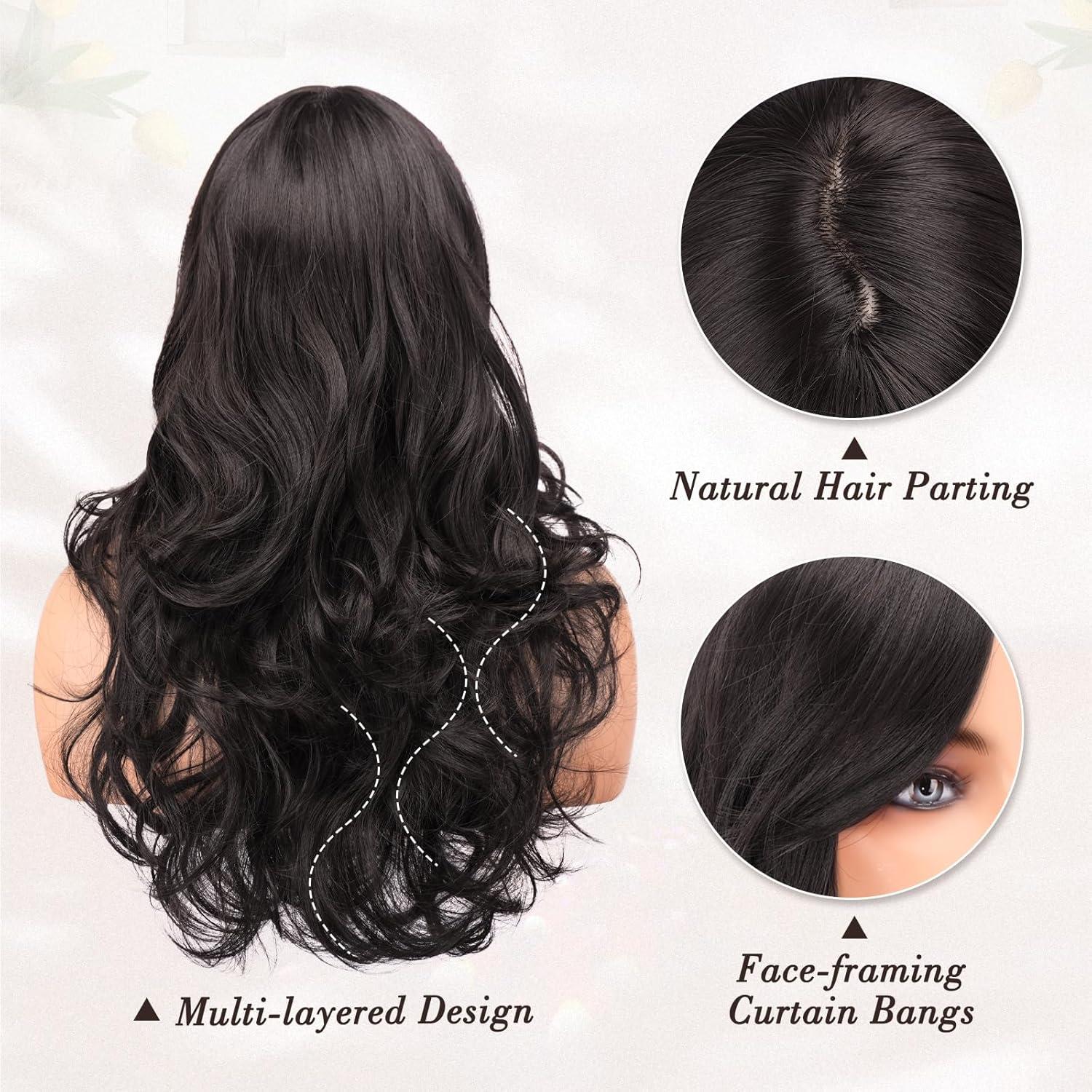 Braune Lange Gewellte Perücke mit Pony 66cm Layered Synthetische Haar