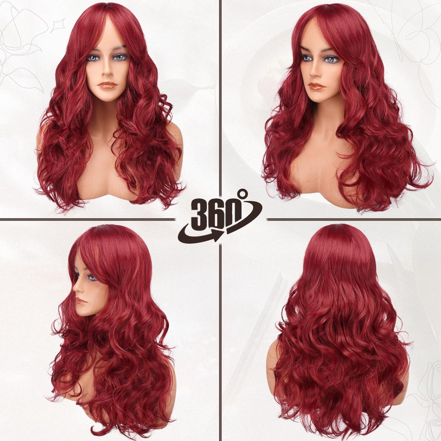 Lange Rote Layered Perücke 66 cm Synthetisch Haar Pony Damen