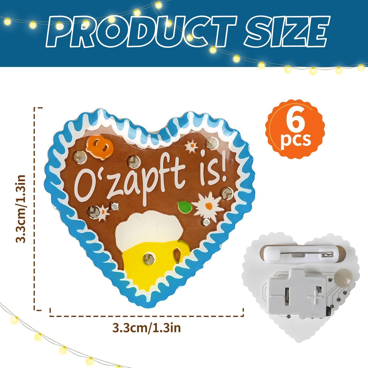 LED Oktoberfest Anstecker Pin 6er Set Lebkuchenherz Design