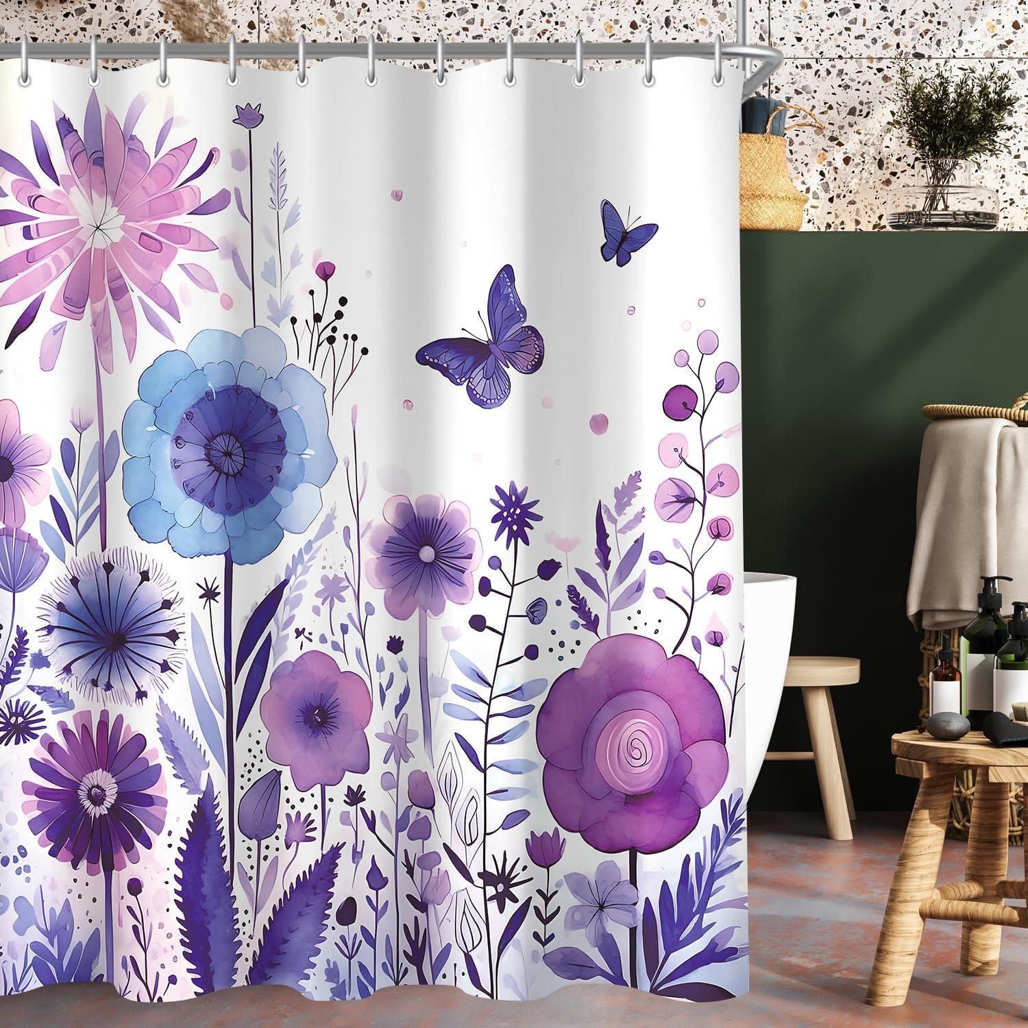 Lila Blume Schmetterling Duschvorhang 180x200cm Wasserabweisend 12 Ösen