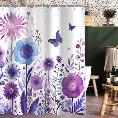 Lila Blume Schmetterling Duschvorhang 180x200cm Wasserabweisend 12 Ösen