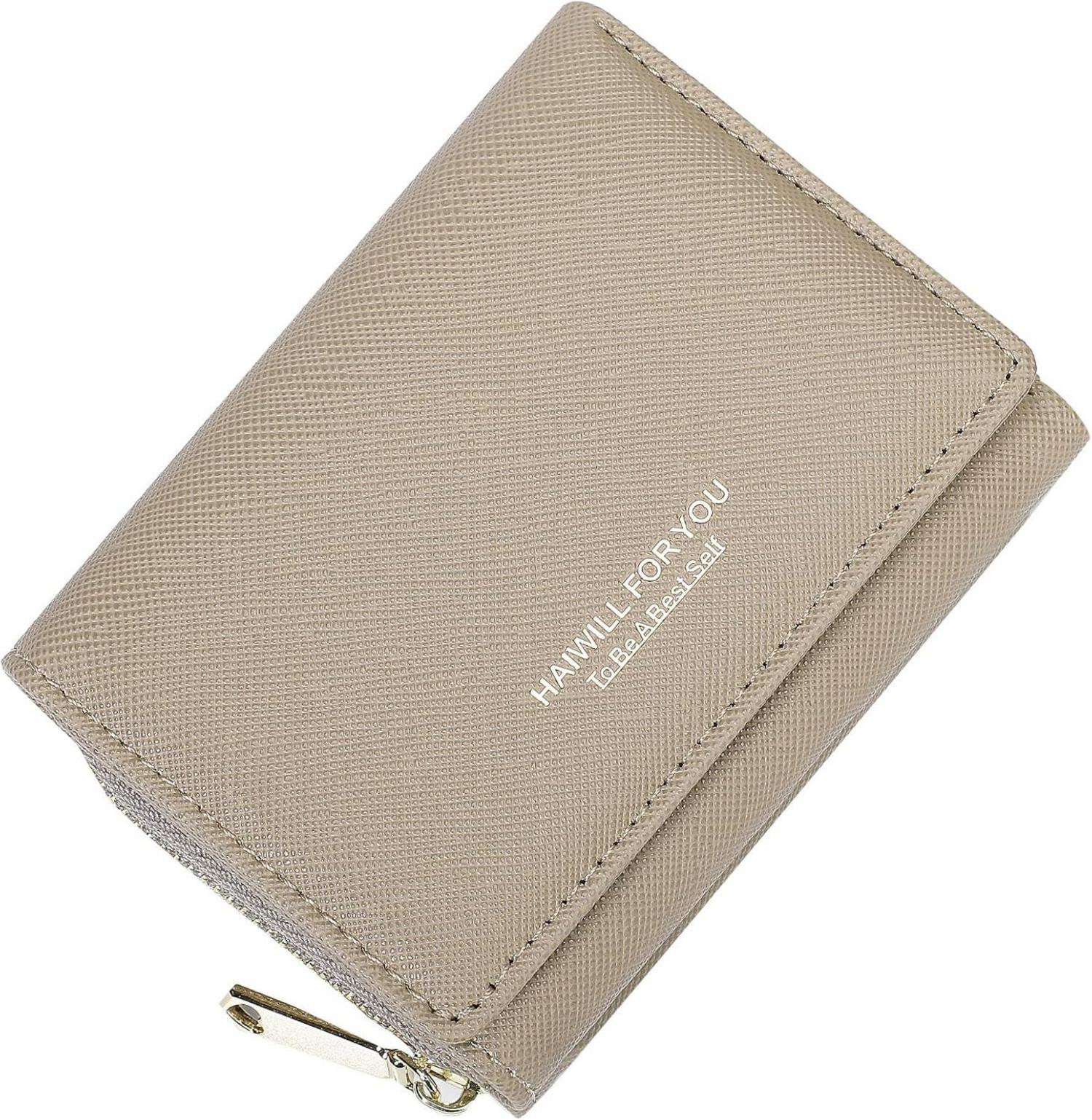 Damen Geldbörse Klein Beige PU Leder mit Münzfach und Kartenfächern