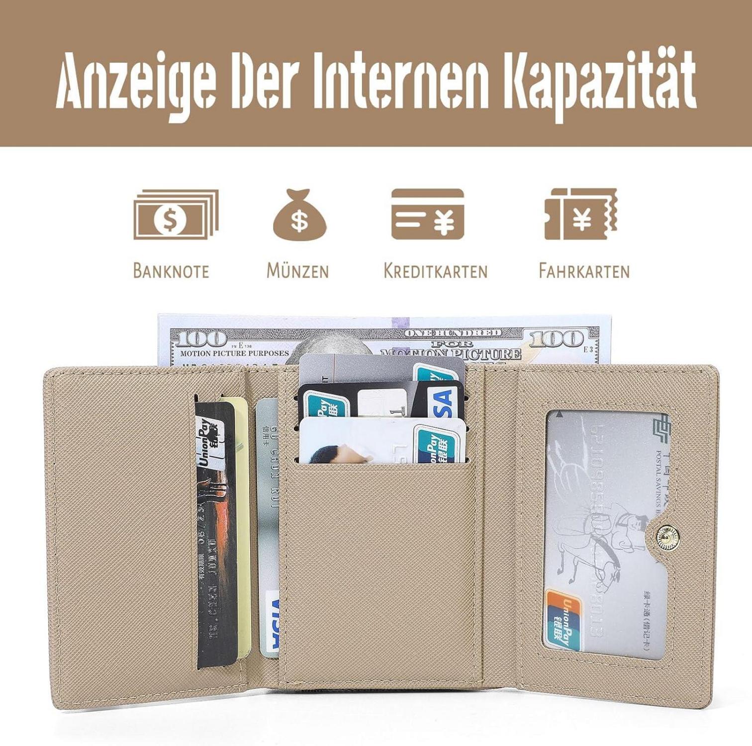 Damen Geldbeutel Klein PU Leder Portmonee Münzfach 7 Kartenfächer Beige