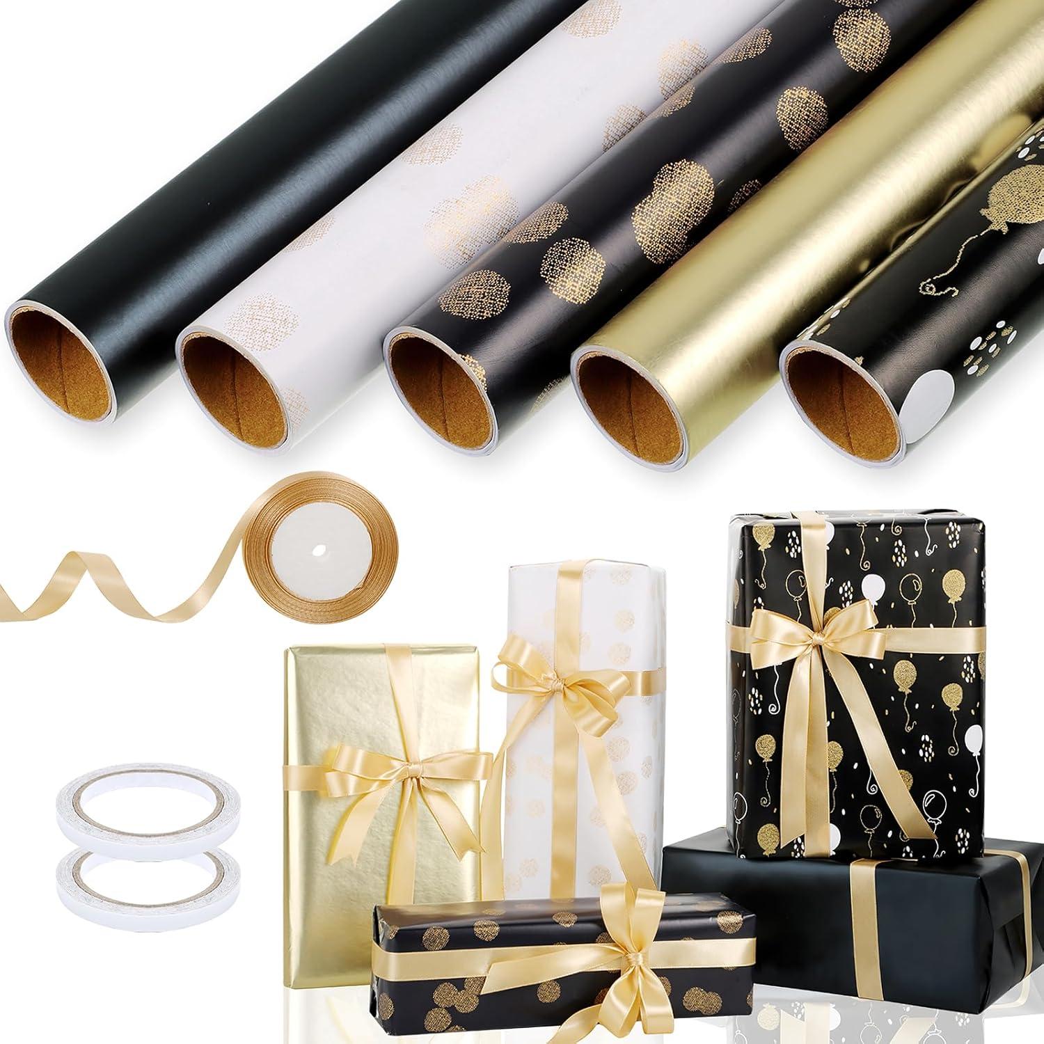 5er Geschenkpapier Set Schwarz Gold Geburtstag Weihnachten 43cm x 3m