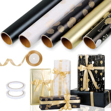 5er Geschenkpapier Set Schwarz Gold Geburtstag Weihnachten 43cm x 3m