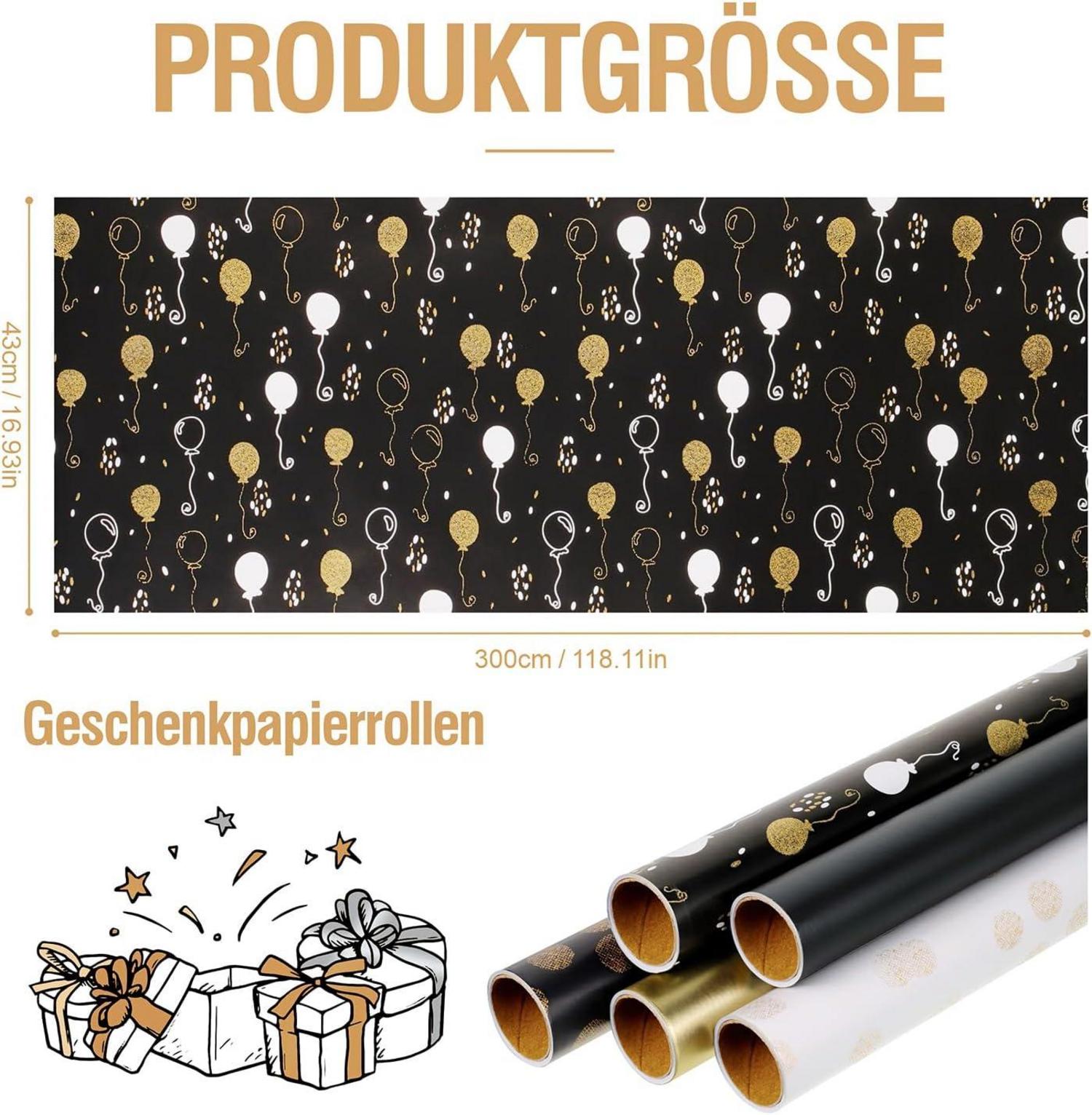 Geschenkpapier Set Schwarz Gold 5 Rollen Geburtstag