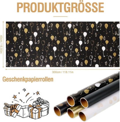 Geschenkpapier Set Schwarz Gold 5 Rollen Geburtstag