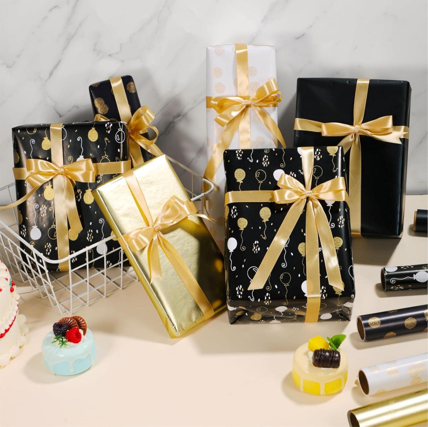 5er Geschenkpapier Set Schwarz Gold Geburtstag Weihnachten 43cm x 3m
