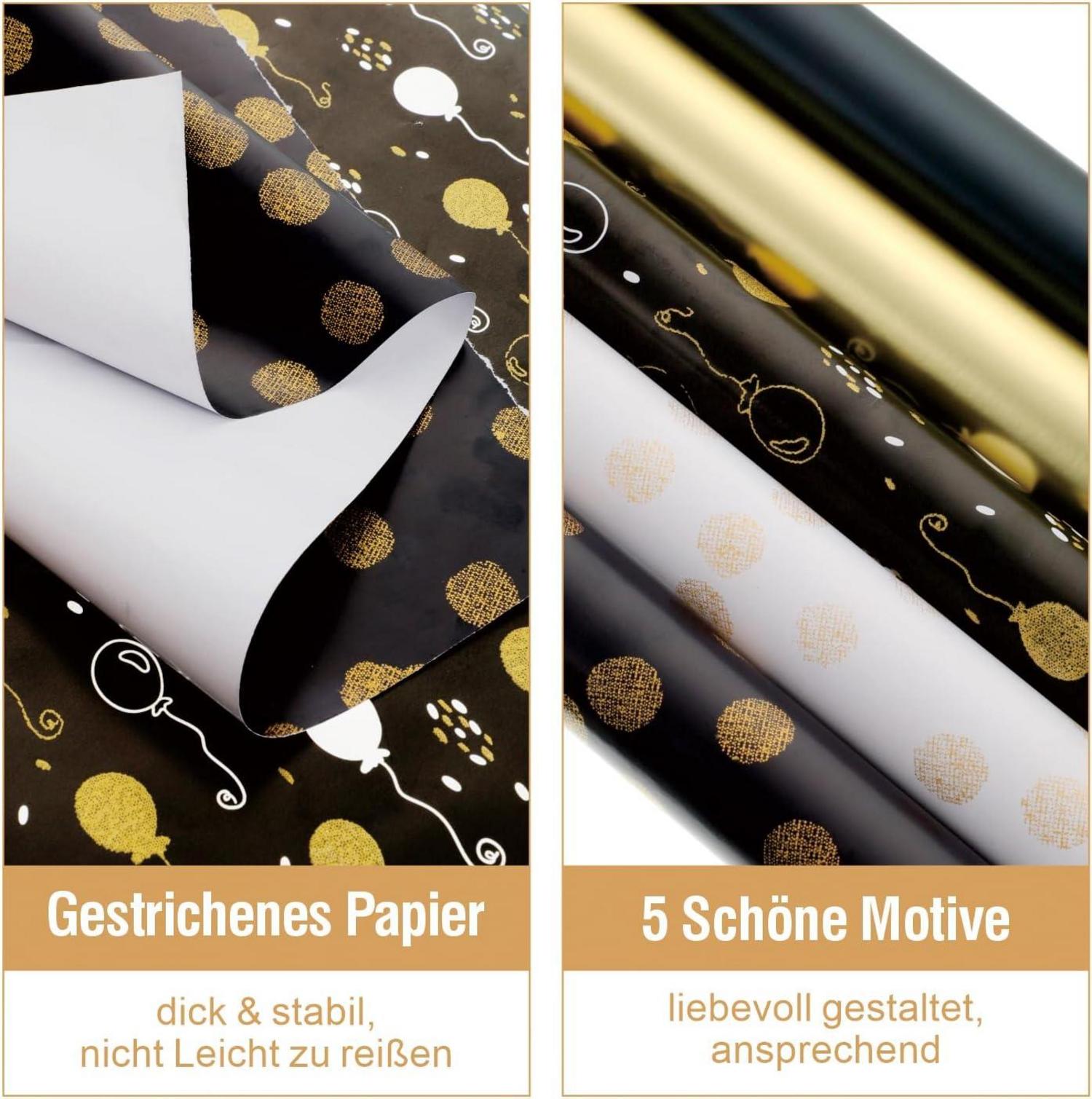 Geschenkpapier Set Schwarz Gold 5 Rollen 3m x 43cm Weihnachten Hochzeit
