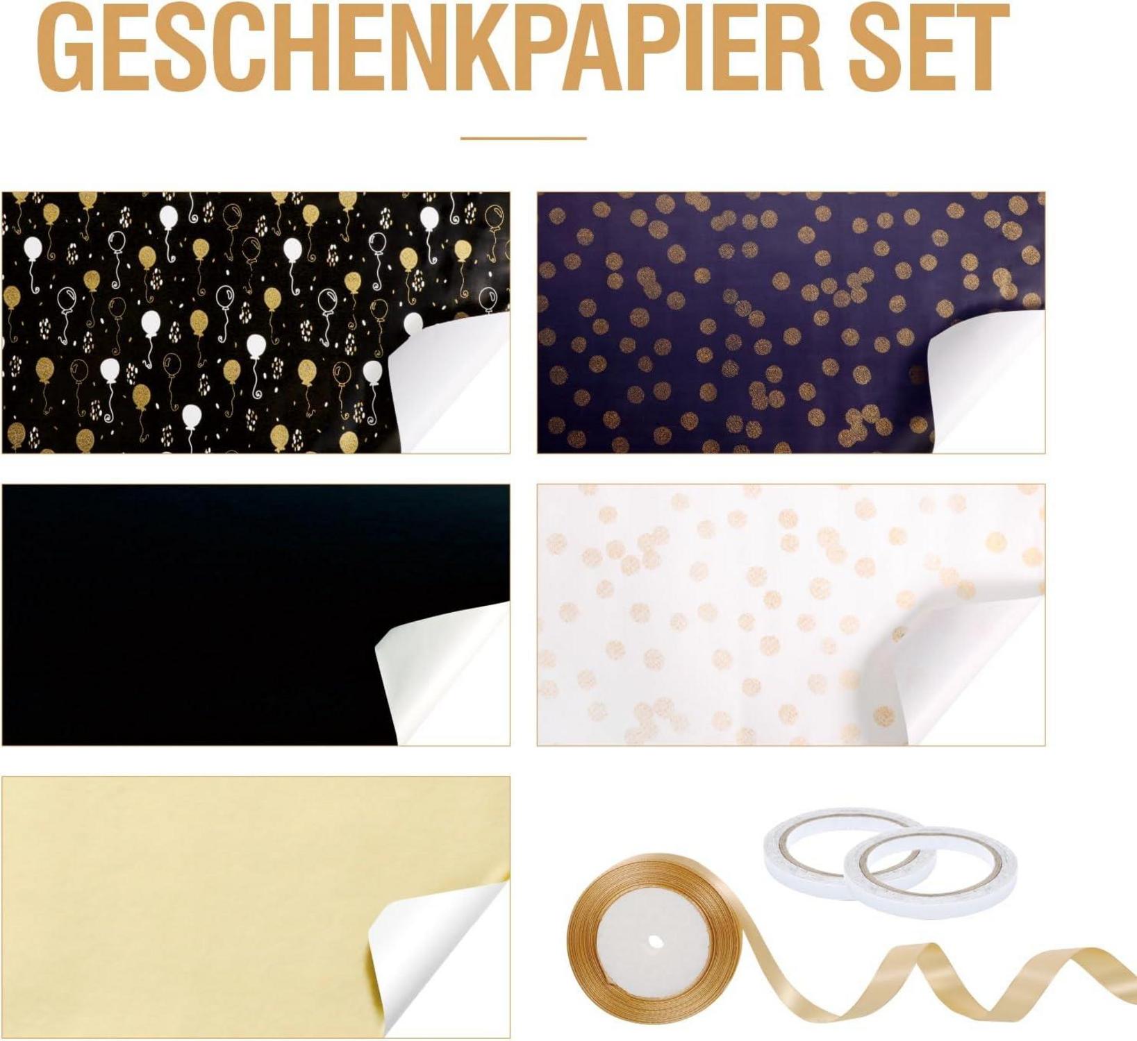 5er Geschenkpapier Set Schwarz Gold Hochzeit Geburtstag Weihnachten
