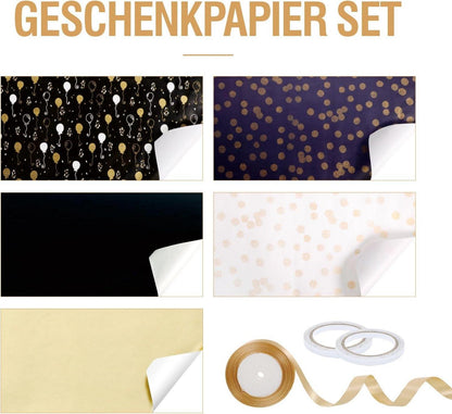 5er Geschenkpapier Set Schwarz Gold Hochzeit Geburtstag Weihnachten