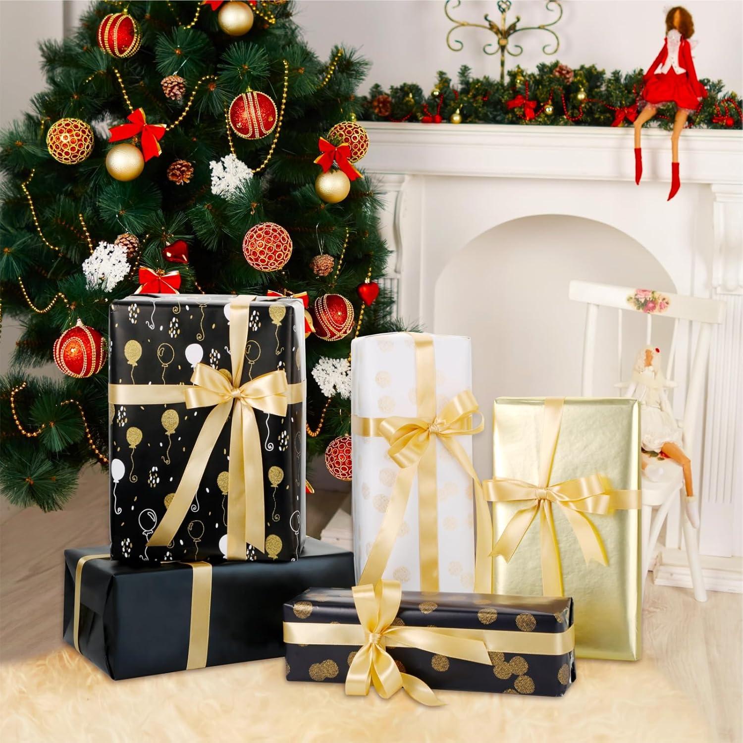 5 Rollen Geschenkpapier Set Schwarz Gold Hochzeit Weihnachten
