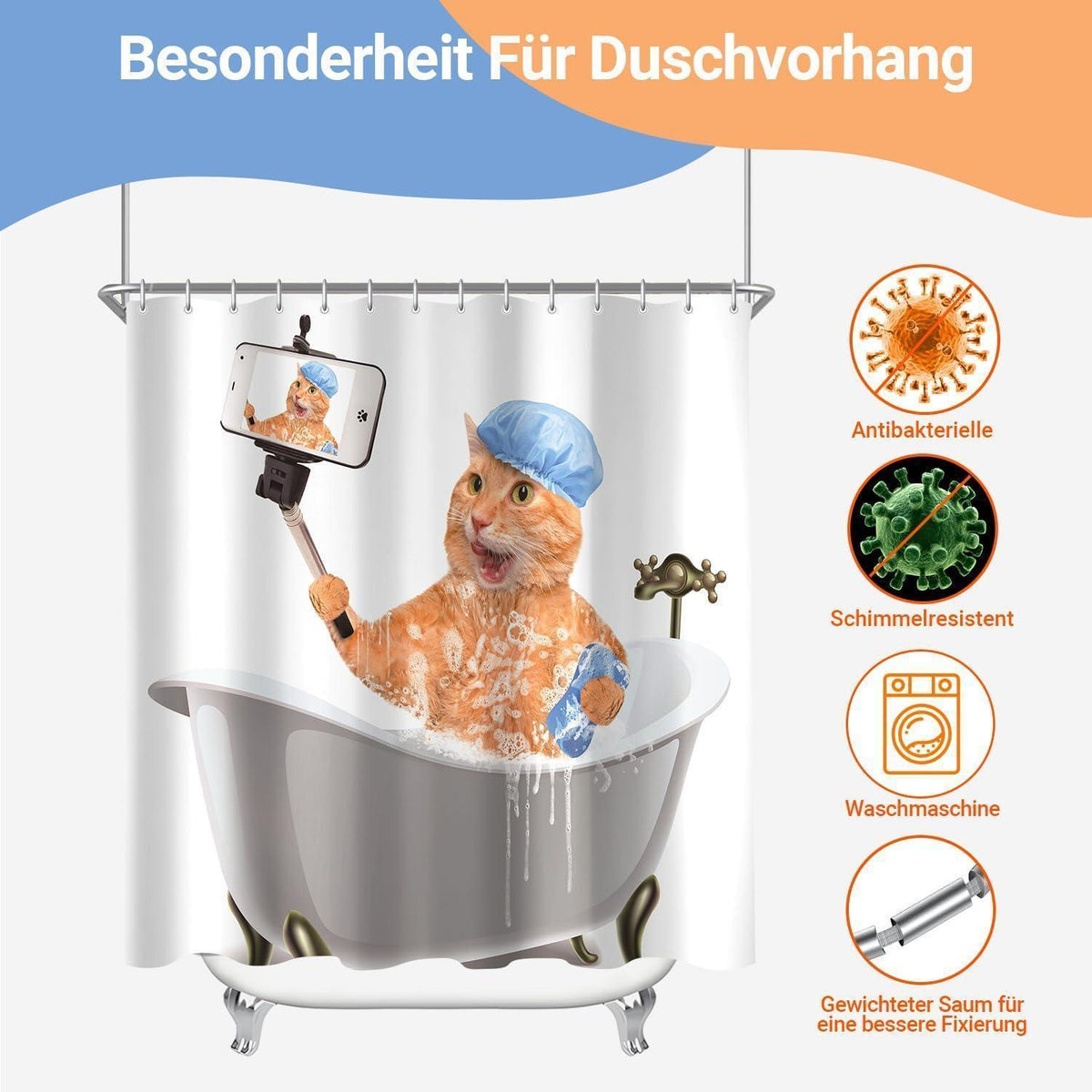 Duschvorhang Katze Selfies 180x200cm, wasserabweisend & waschbar