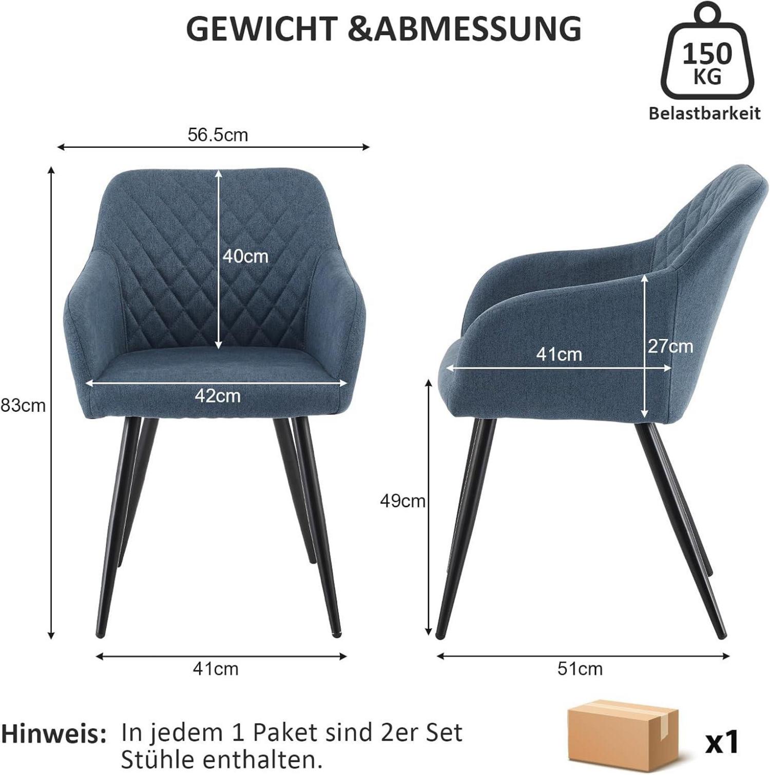 Esszimmerstühle 2er Set Leinen Bezug Armlehne Metallbeine Tiefseeblau