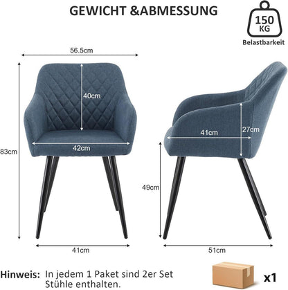 Esszimmerstühle 2er Set Leinen Bezug Armlehne Metallbeine Tiefseeblau