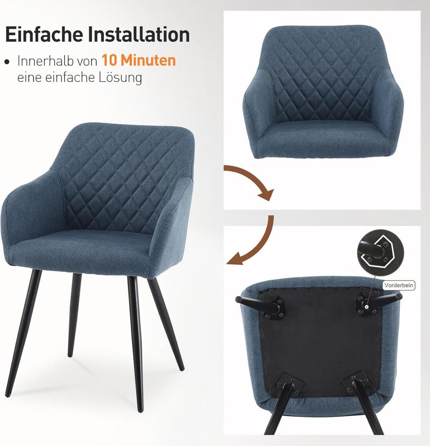 Esszimmerstühle 2er Set Leinen Bezug Armlehne Metallbeine Tiefseeblau