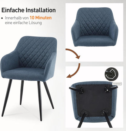 Esszimmerstühle 2er Set Leinen Bezug Armlehne Metallbeine Tiefseeblau