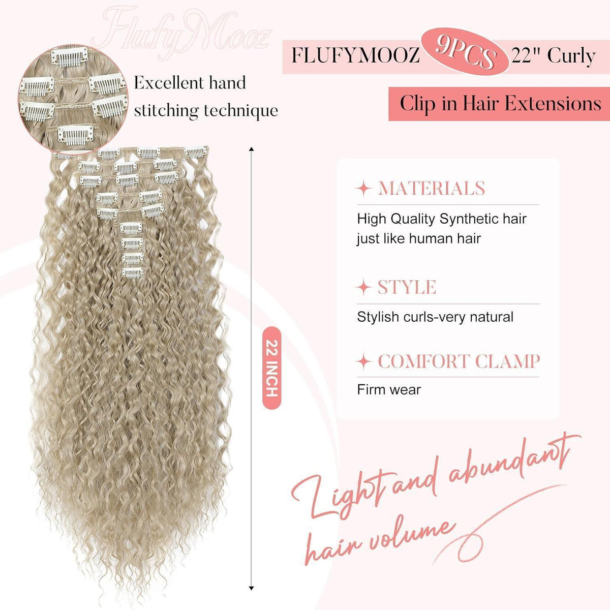 22 Zoll Lockige Haarverlängerung Aschblond - Clip In Set