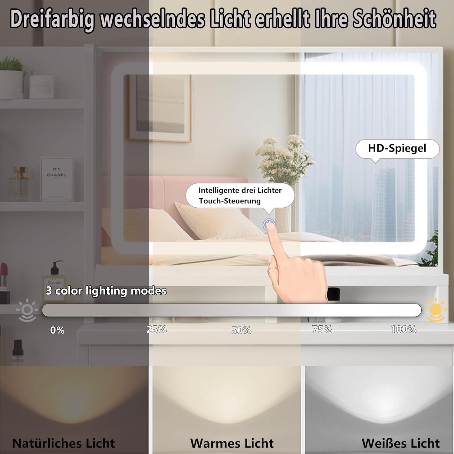 Zeaper Weißer Schminktisch LED Beleuchtung Großer Spiegel Ablagen