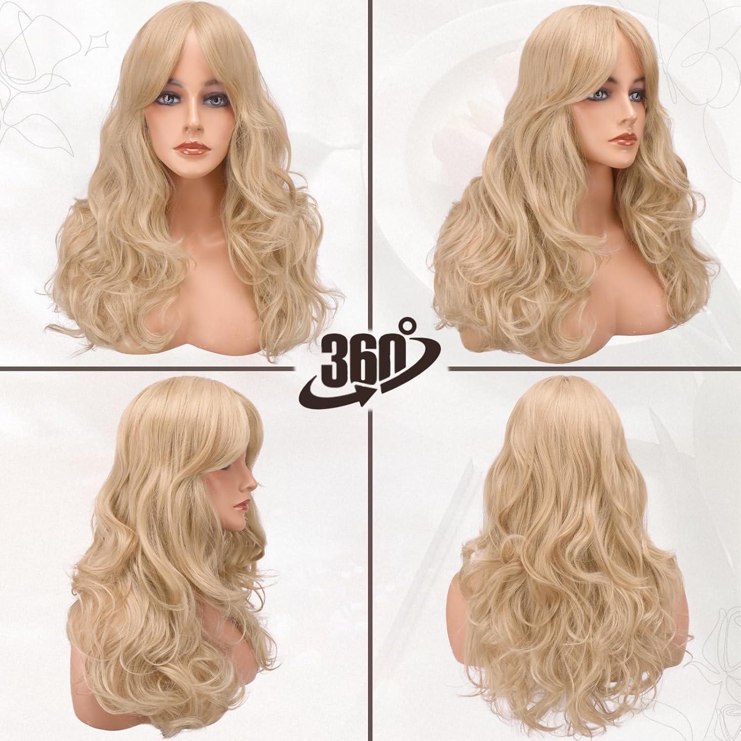 Lange Blond Layered Perücke mit Pony 66cm, Synthetisches Haar - Party Cosplay