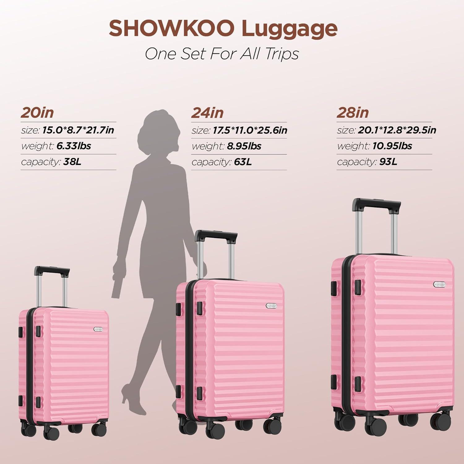SHOWKOO Leichte Hartschale Kofferset 3tlg Erweiterbar TSA Rollen Rosa