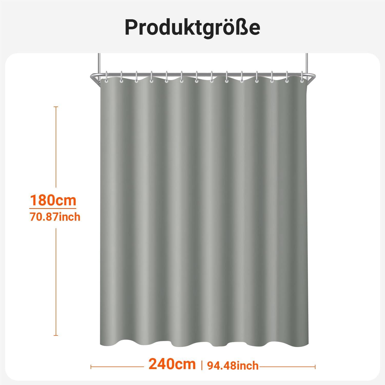 Duschvorhang 240x180cm Grau Wasserabweisend Waschbar Antibakteriell 16 Ringe