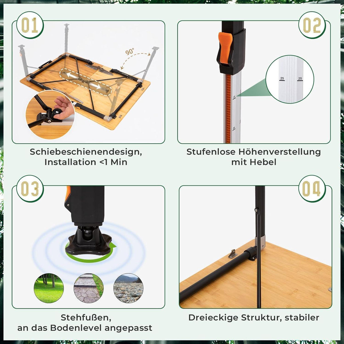 Höhenverstellbarer Bambus Campingtisch klappbar 120x80cm