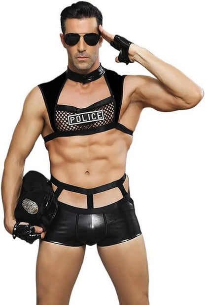 Herren Erotik Dessous Set 6-tlg. Polizei Cosplay Schwarz