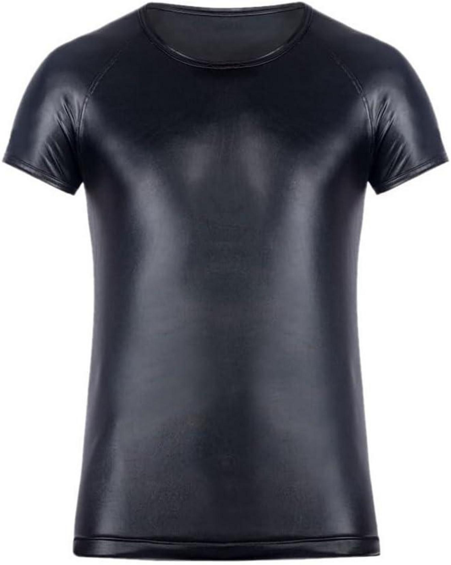 Wetlook Herren Outfit Leder-Look Shirt Shorts Reißverschluss