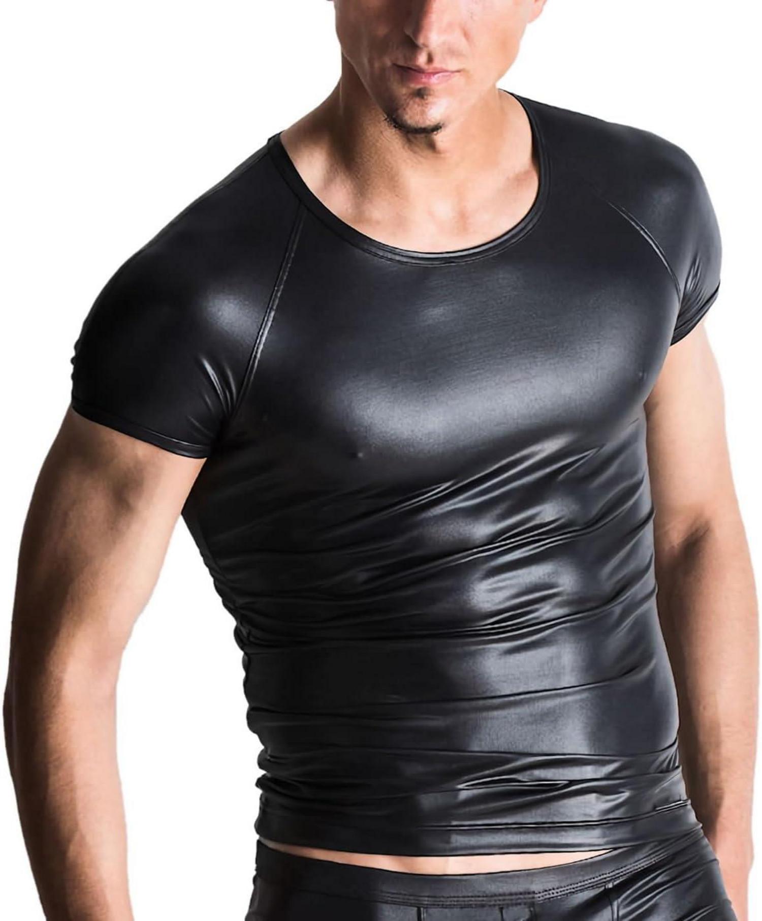 Herren Wetlook Outfit Leder-Look Shirt Shorts Reißverschluss Ouvert Dessous