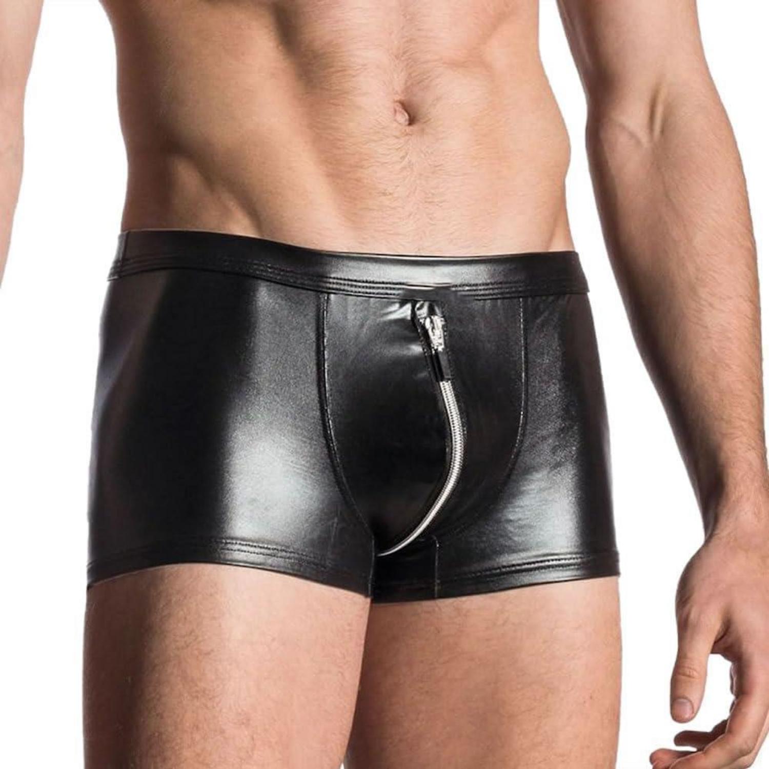 Wetlook Herren Outfit Leder-Look Shirt Shorts Reißverschluss Ouvert