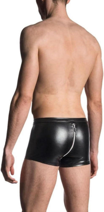 Herren Wetlook Outfit Leder-Look Shirt Shorts Reißverschluss Ouvert