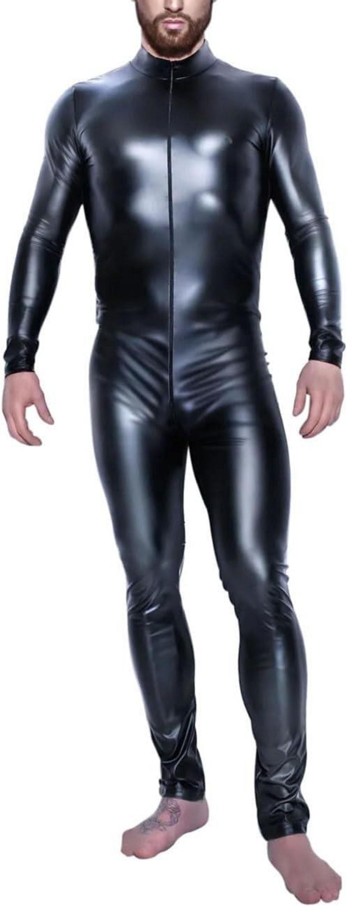 Wetlook Herren Catsuit sexy Lackleder Body mit Reißverschluss