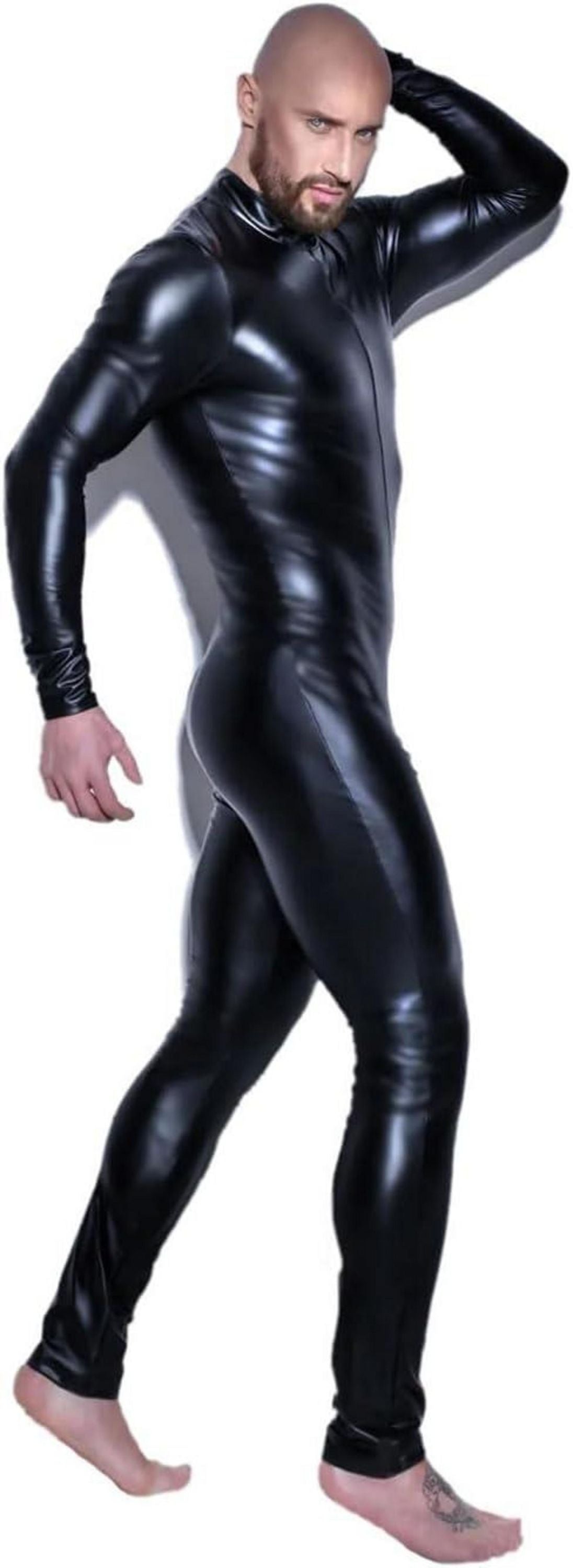 Wetlook Herren Catsuit sexy Lackleder Body mit Reißverschluss