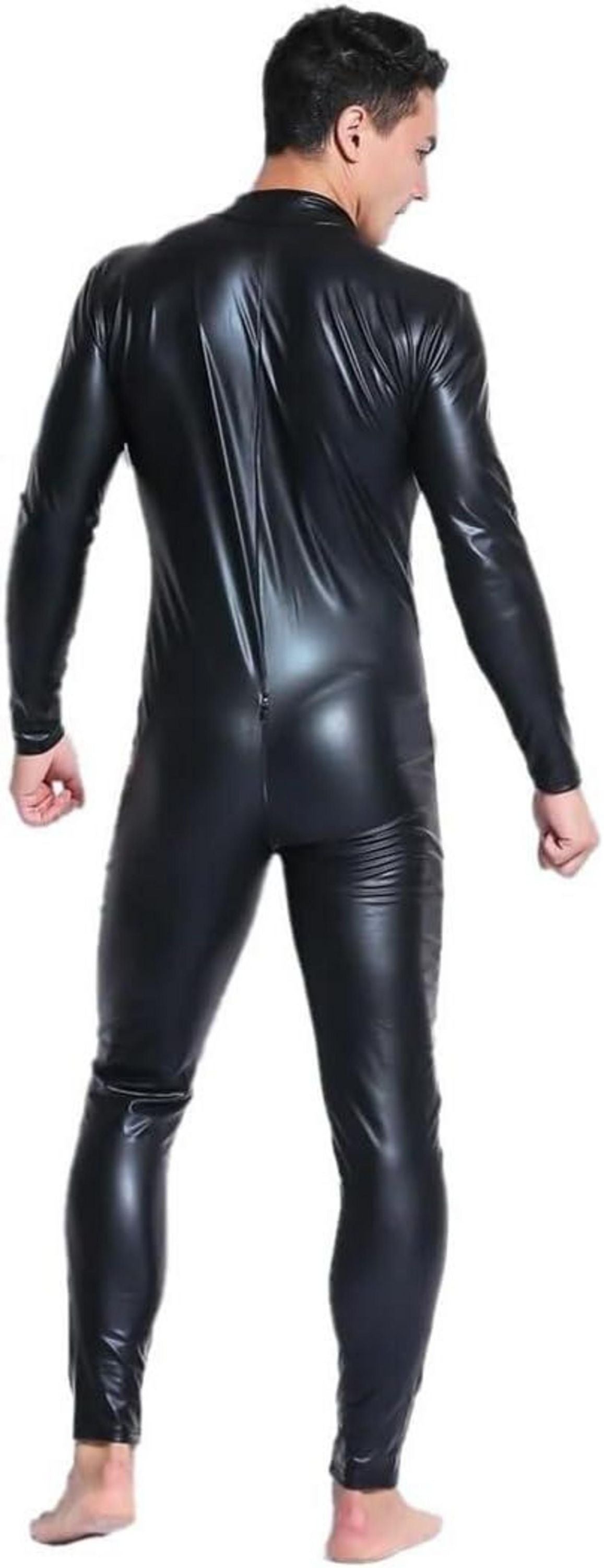 Herren Wetlook Catsuit Lackleder Body Reißverschluss Lederoptik Nachtclub Bodysuit