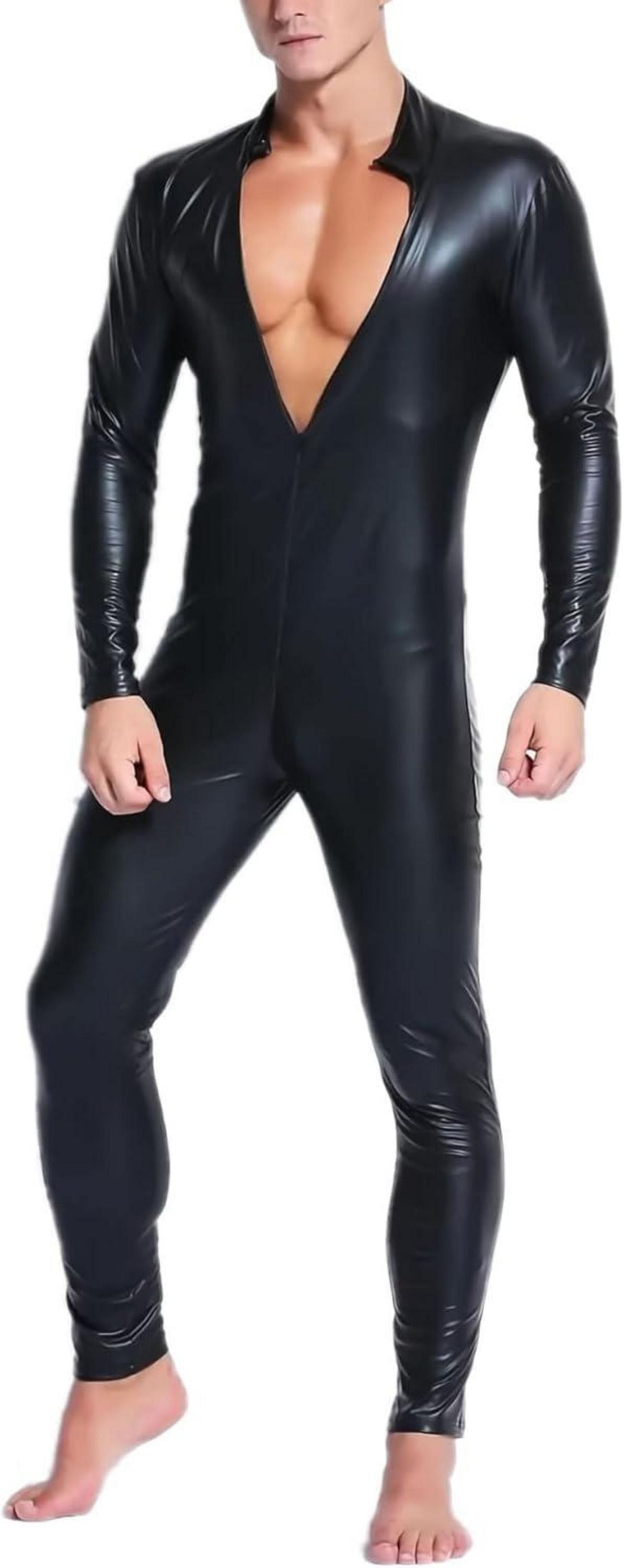 Sexy Herren Wetlook Catsuit Lackleder Jumpsuit mit Reißverschluss