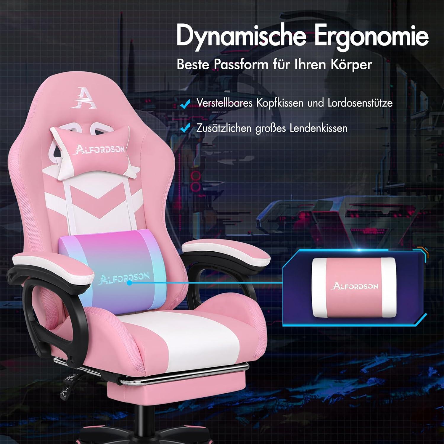 ALFORDSON Gaming Stuhl LED RGB Massage inkl. Fußstütze, rosa