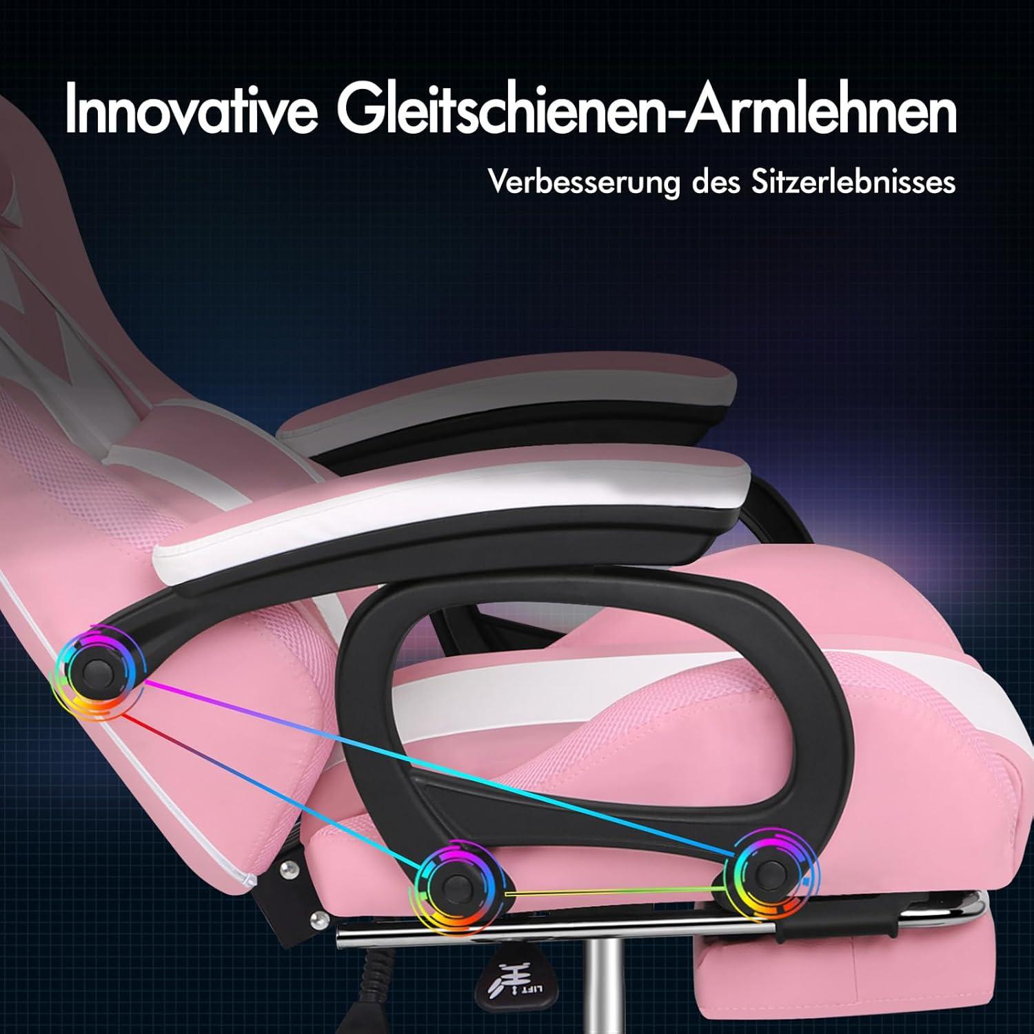 Gaming Stuhl LED RGB Massage Fußstütze Ergonomisch Racing Rosa
