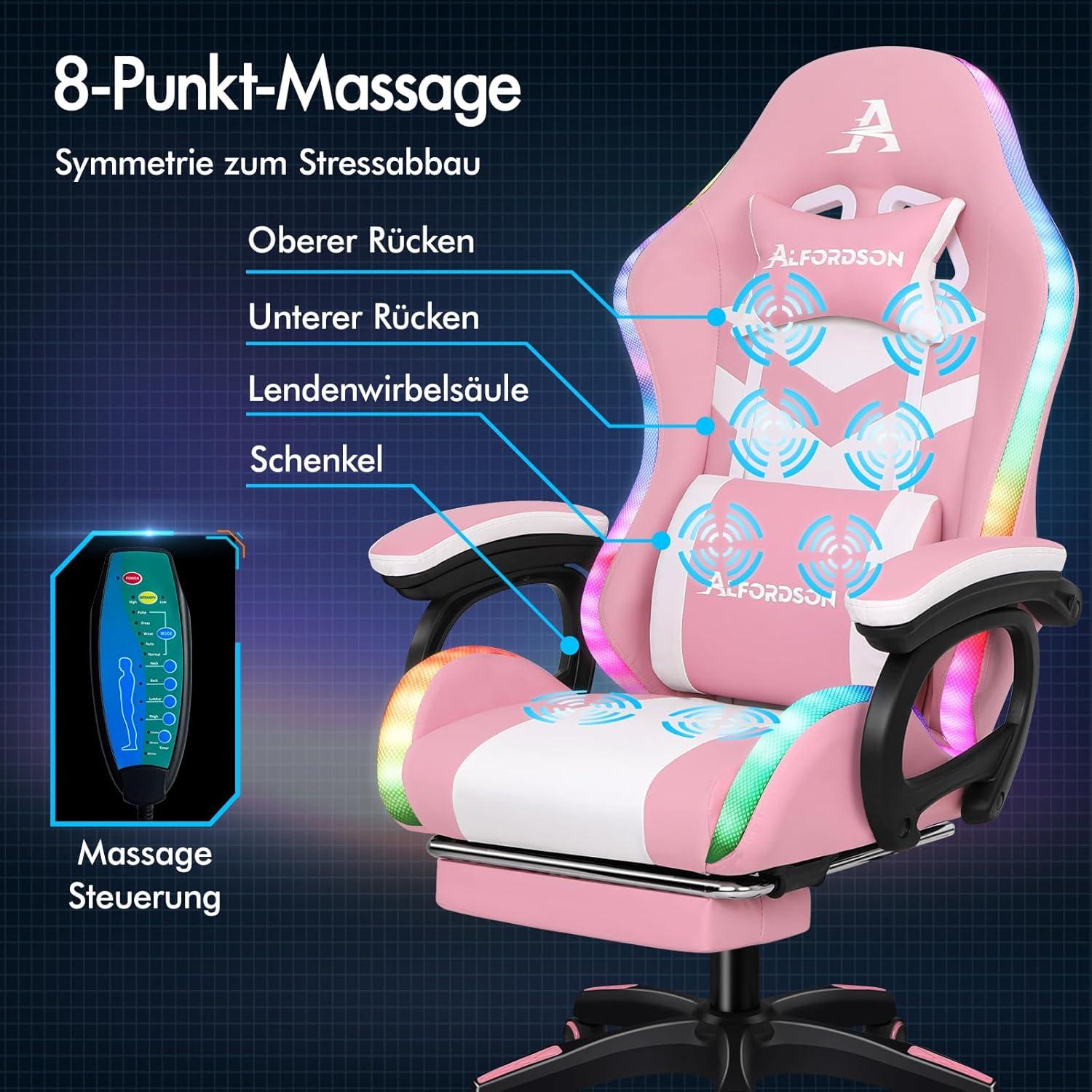Gaming Stuhl LED RGB Massage Fußstütze Ergonomisch Rosa