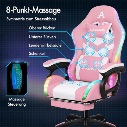 Gaming Stuhl LED RGB Massage Fußstütze Ergonomisch Rosa