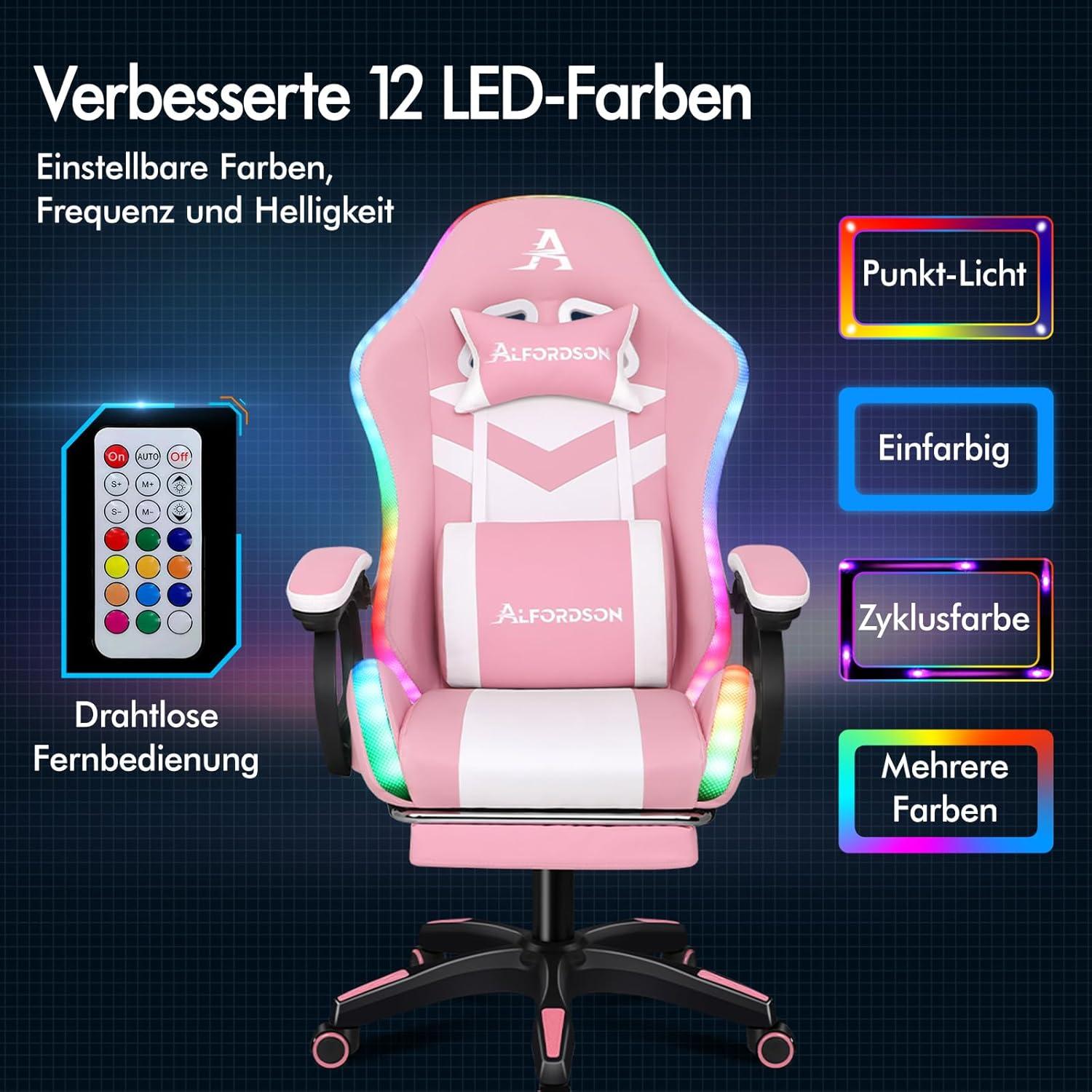 Gaming Stuhl LED RGB Massage Fußstütze Ergonomisch Racing Rosa