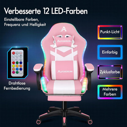 Gaming Stuhl LED RGB Massage Fußstütze Ergonomisch Racing Rosa