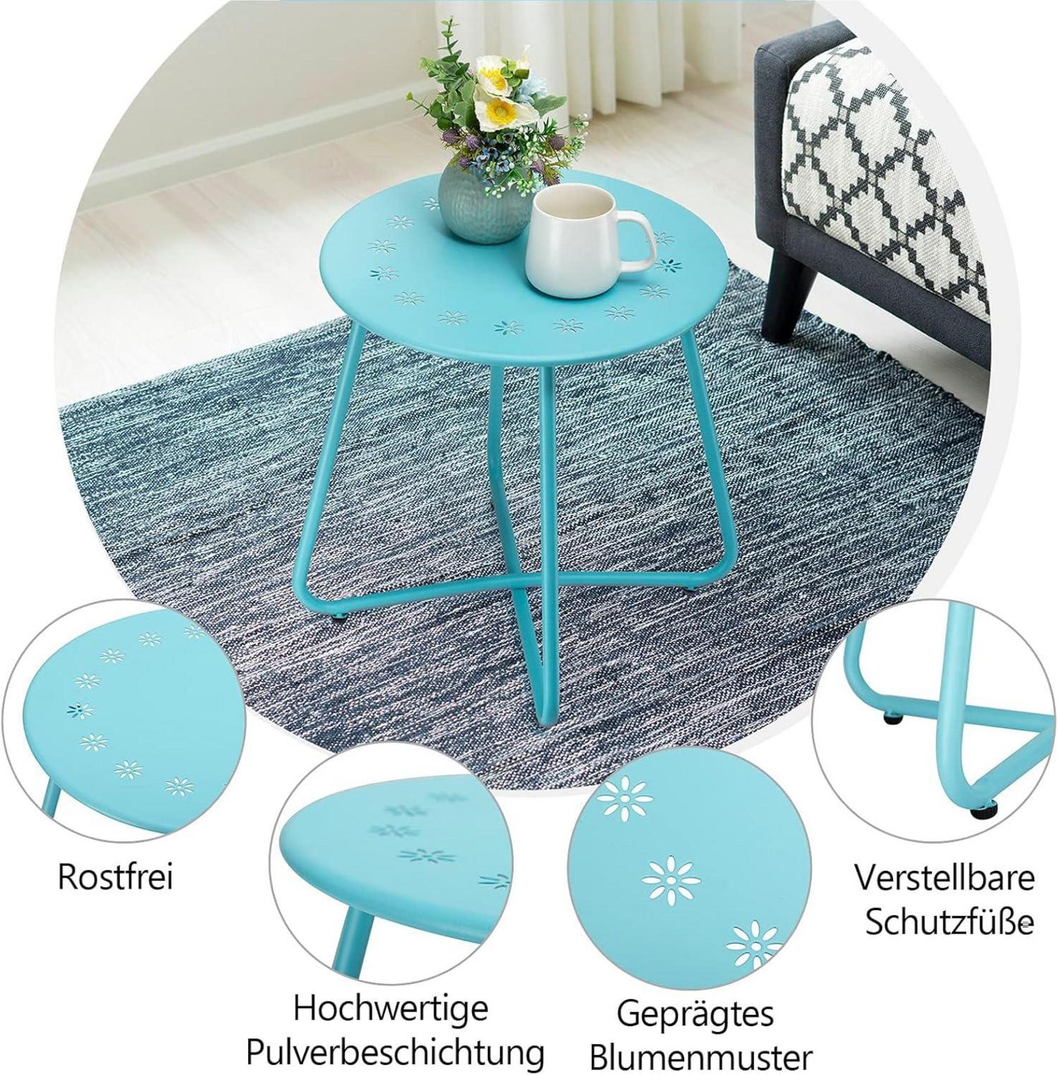 Blauer Outdoor Beistelltisch mit Blumenausschnitten, wetterfest, Metall