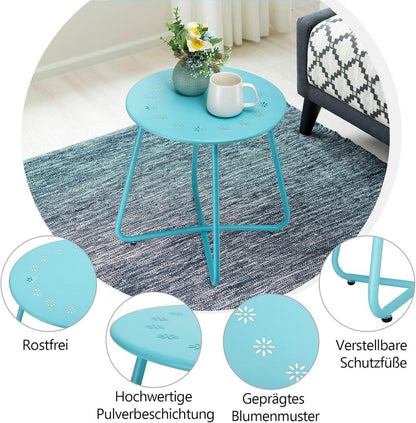 Blauer Outdoor Beistelltisch mit Blumenausschnitten, wetterfest, Metall