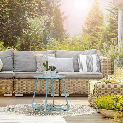 Outdoor Beistelltisch Blau mit Blumenausschnitten, Wetterfest, Stahl, Rund, Metall, für Patio, Hof, Balkon, Garten