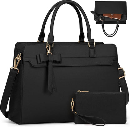 Große Laptoptasche Damen PU Leder Schwarz 2-teiliges Set