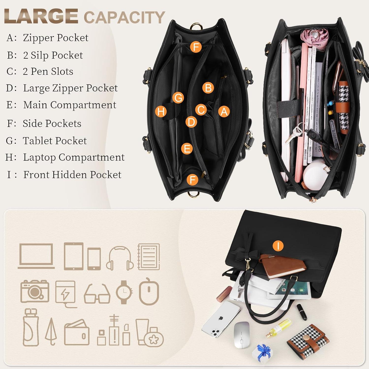 Große Laptoptasche Damen PU Leder Schwarz 2-teiliges Set
